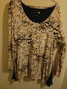 Lysse Beige and Black Animal Print Long Sleeve Scoop Neck Top
